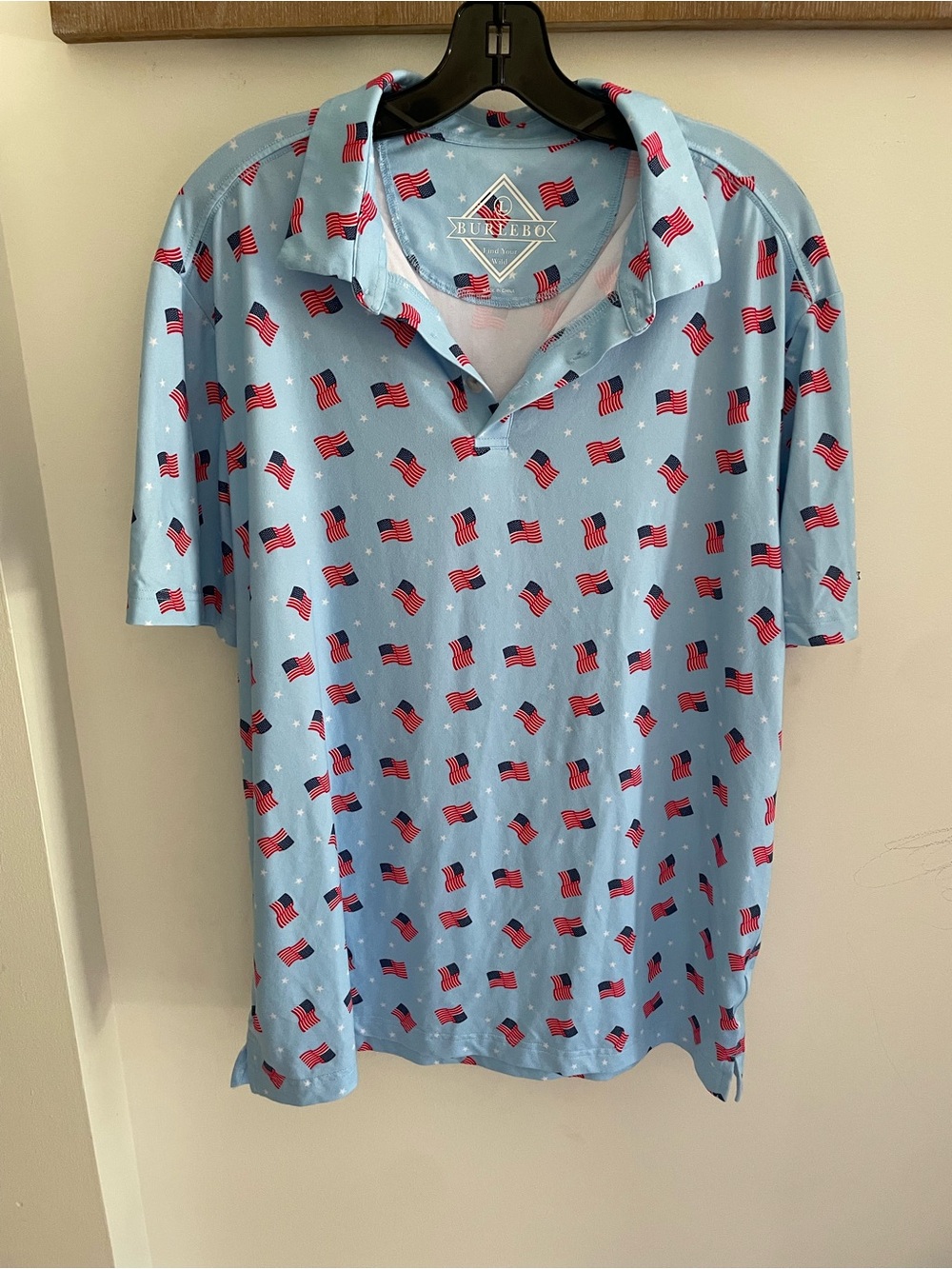 Burlebo Light Blue Short-Sleeve Polo with American Flag Print